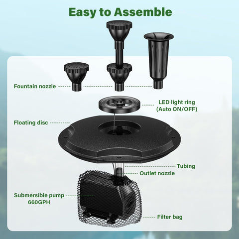 Biling 660GPH Floating Pond Fountain with LED Lights & 3 Sprays