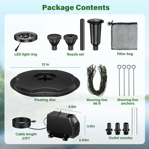 Biling 660GPH Floating Pond Fountain with LED Lights & 3 Sprays