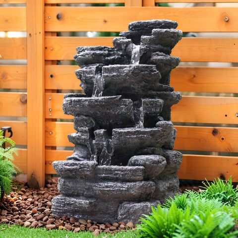 Biling 5-Tier Cascading Rock Outdoor Fountain with LED Lights (Gray)