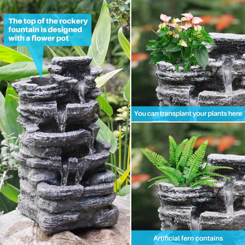 Biling 5-Tier Cascading Rock Outdoor Fountain with LED Lights (Gray)