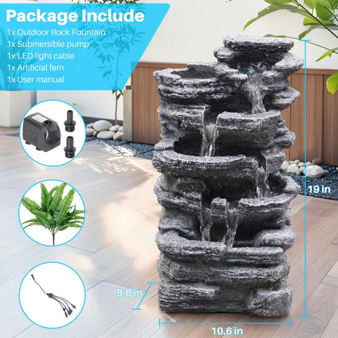 Biling 5-Tier Cascading Rock Outdoor Fountain with LED Lights (Gray)