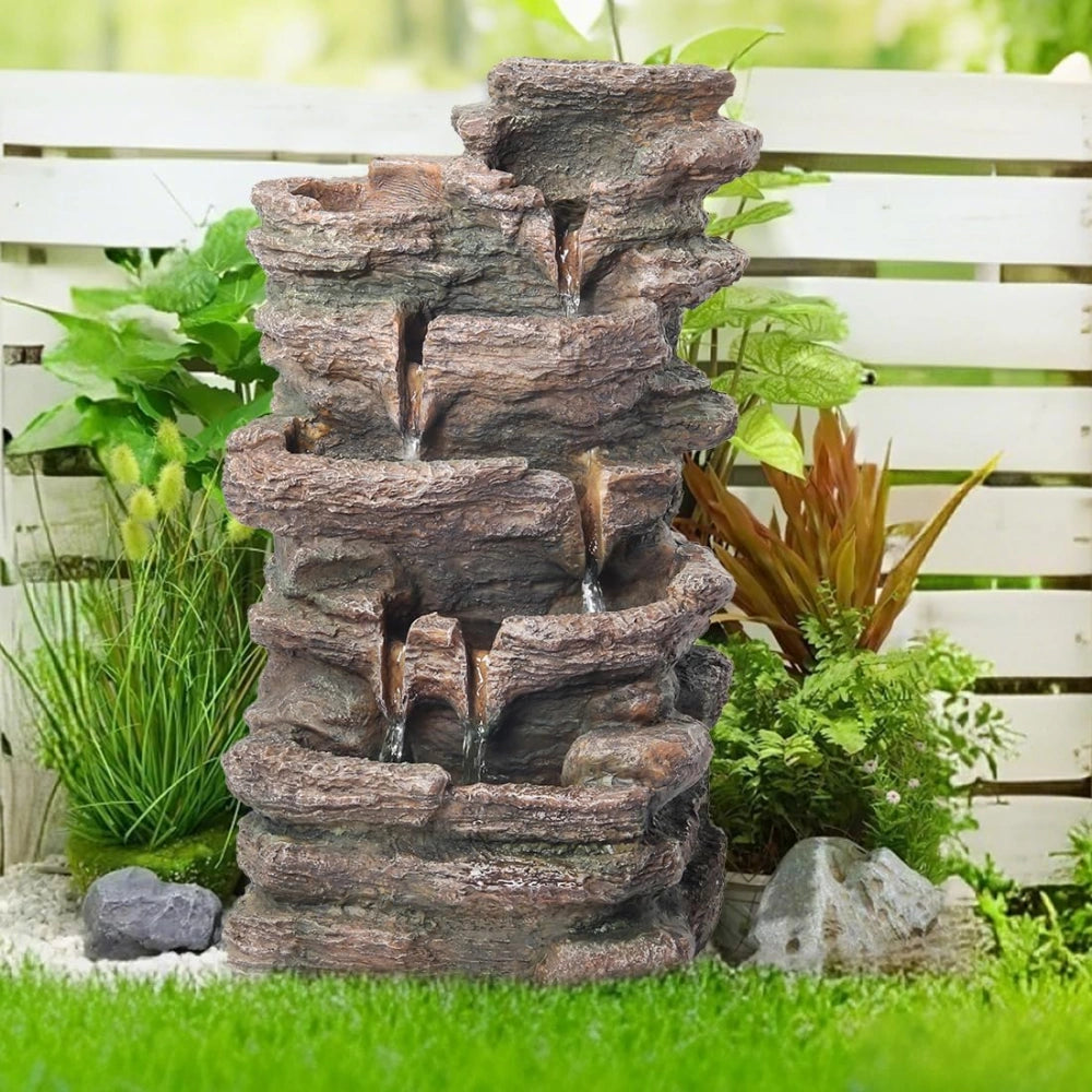 5-Tier Cascading Rock Outdoor Fountain with LED Lights & Fern (Brown)