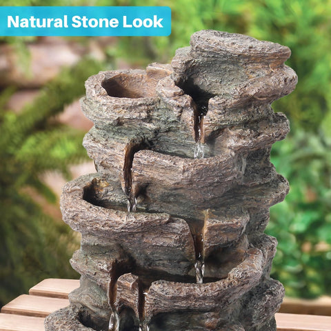 5-Tier Cascading Rock Outdoor Fountain with LED Lights & Fern (Brown)
