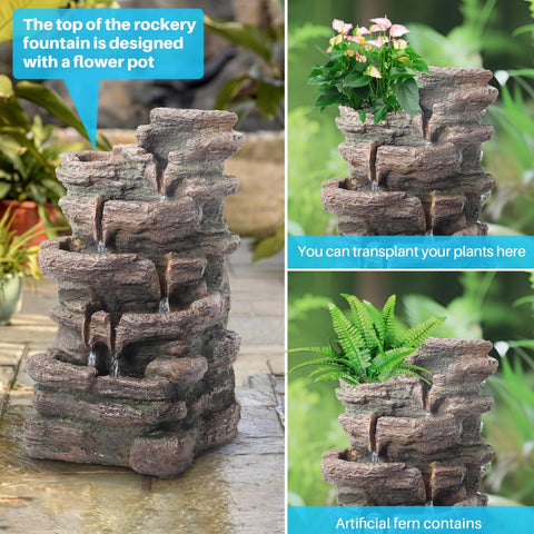 5-Tier Cascading Rock Outdoor Fountain with LED Lights & Fern (Brown)
