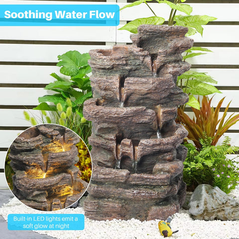 5-Tier Cascading Rock Outdoor Fountain with LED Lights & Fern (Brown)