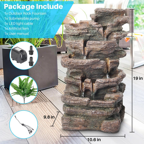 5-Tier Cascading Rock Outdoor Fountain with LED Lights & Fern (Brown)