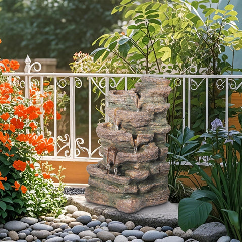 5-Tier Cascading Rock Outdoor Fountain with LED Lights & Fern (Brown)