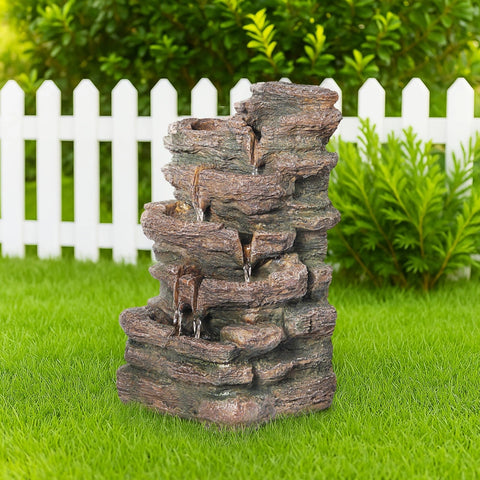 5-Tier Cascading Rock Outdoor Fountain with LED Lights & Fern (Brown)