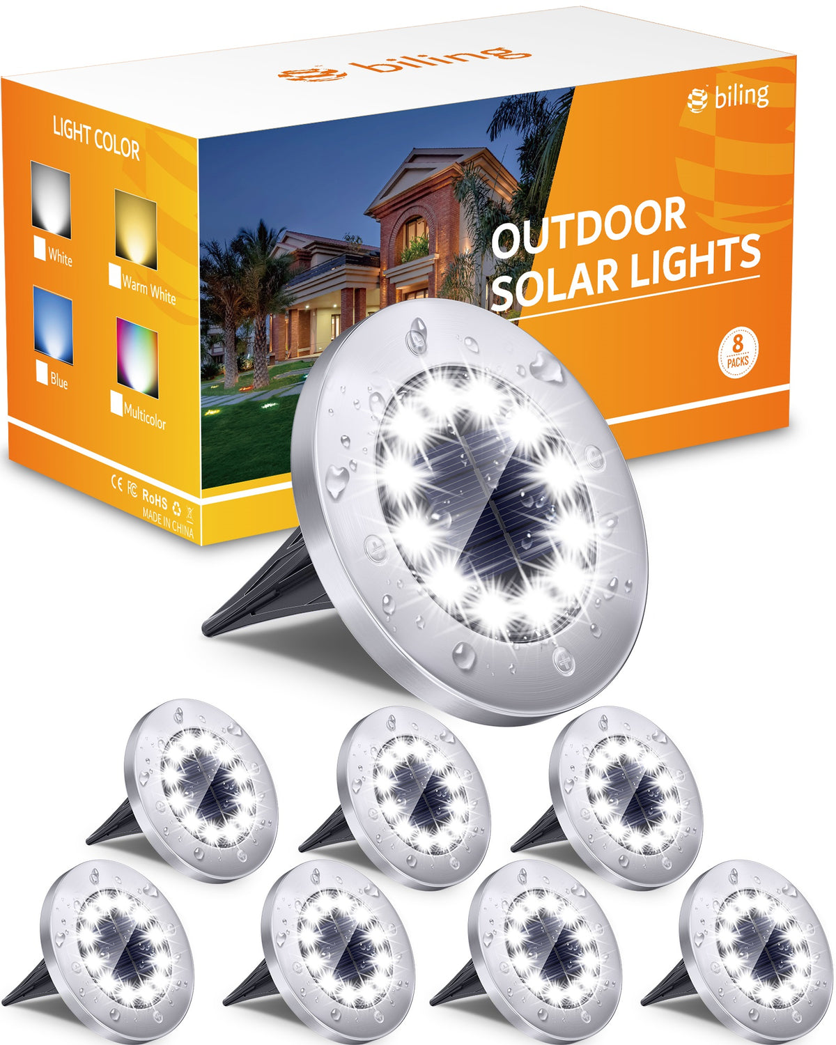 Biling Solar Outdoor Lights 8 Pack White